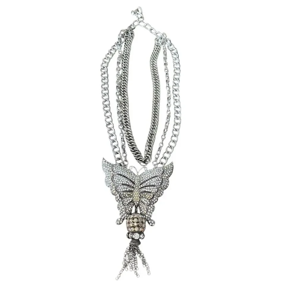 Vintage Silver Tone Rhinestone Butterfly Layered Necklace